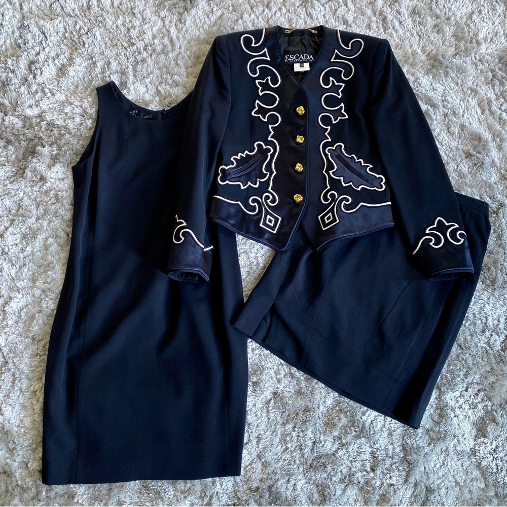 Escada Vintage Collection: Navy Embroidered Jacket, Skirt and Dress